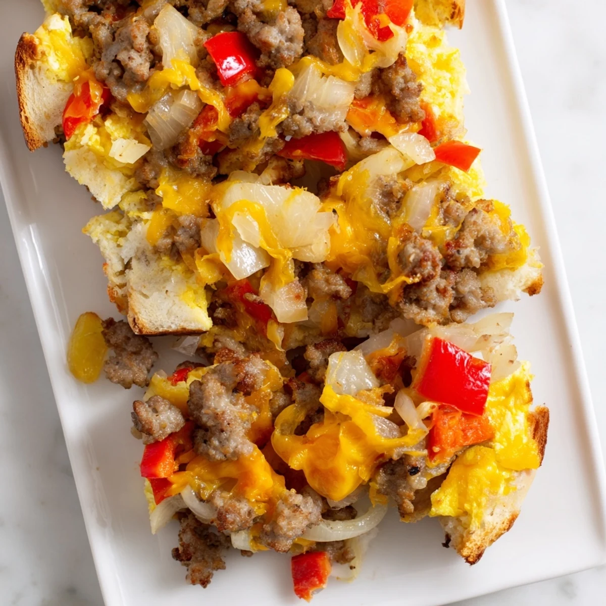 Golden-brown Lightning-Fast Breakfast Sausage Casserole, bubbly cheese, served hot after baking.