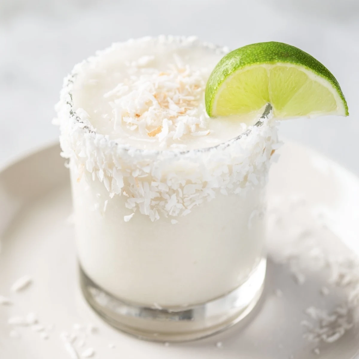 Frosted glass brimming with a White Christmas Margarita Slush, garnished with coconut and lime wedges.