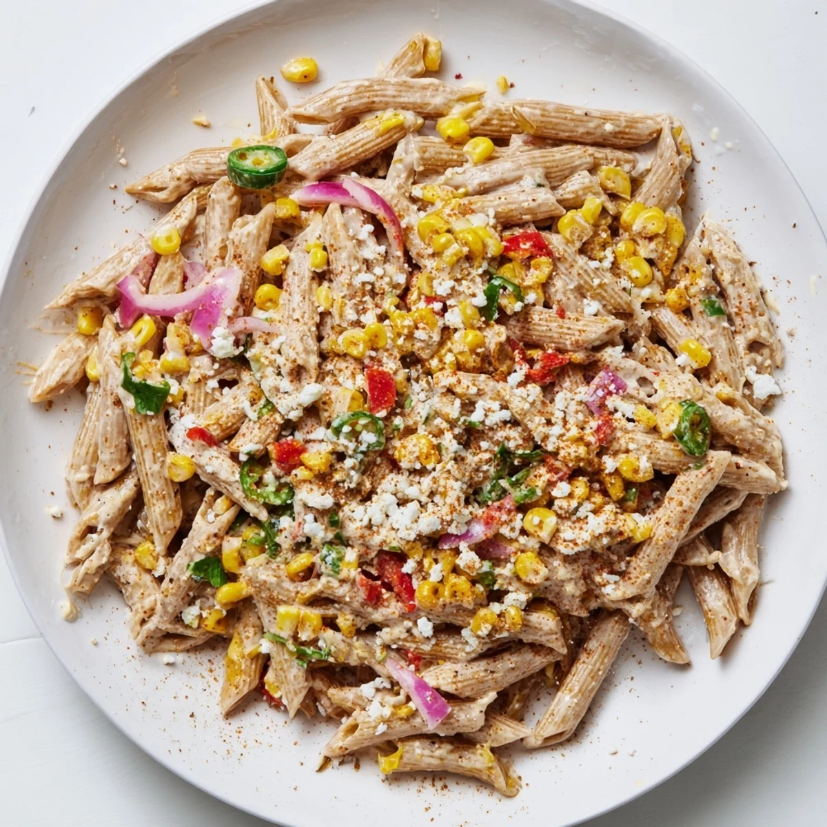 Healthier Mexican Street Corn Pasta Salad with vibrant charred corn, ready to serve and enjoy.