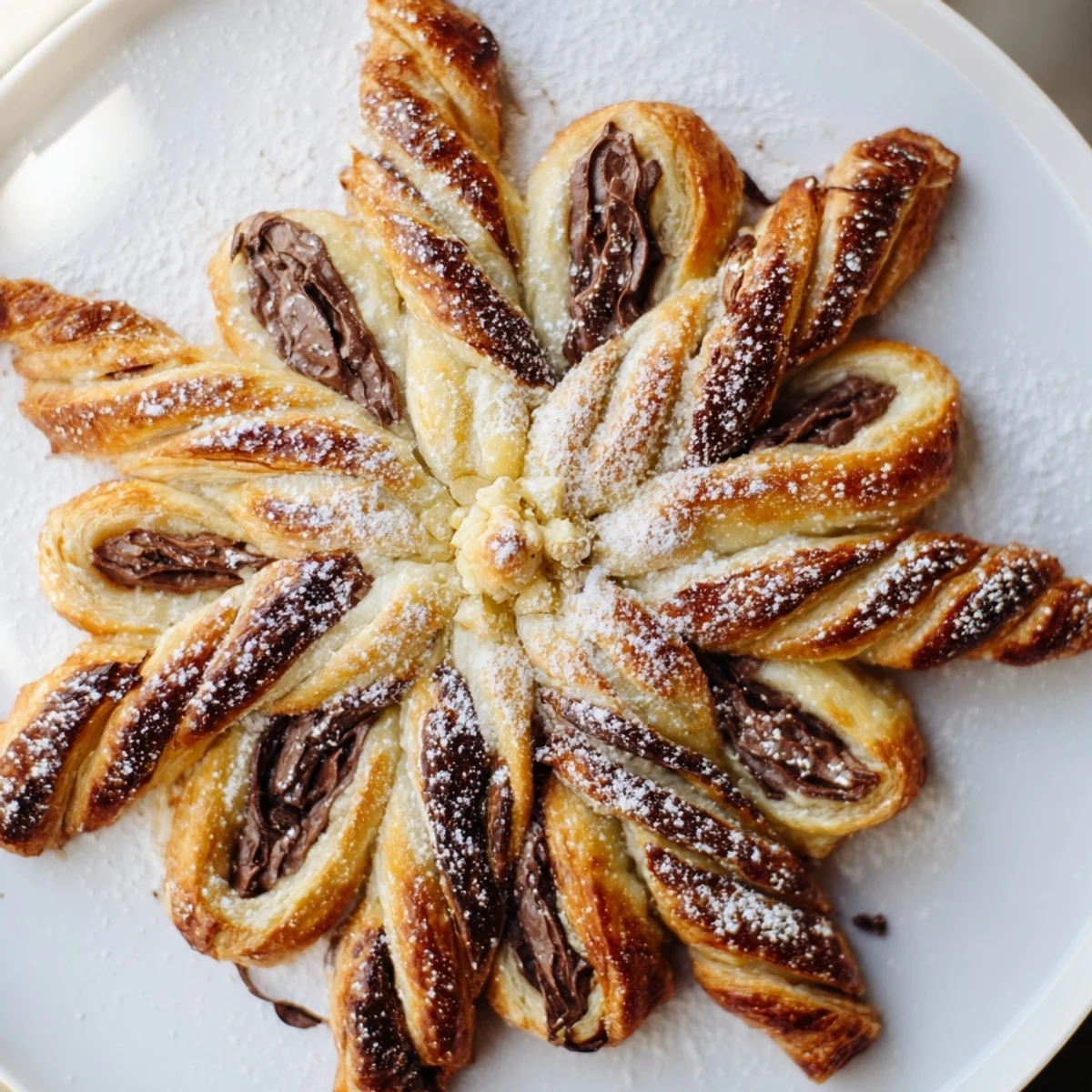 Close-up of baked Express Nutella Puff Pastry Snowflakes, showcasing the twisted, golden pastry layers.