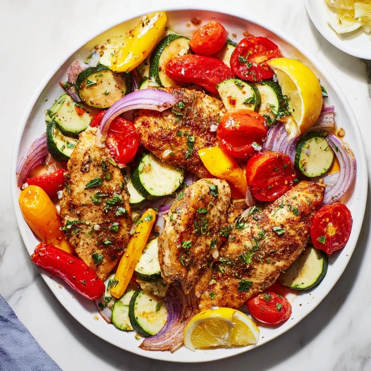 Golden brown Sheet Pan Lemon Oregano Chicken Cutlets served with lemon wedges, a simple and healthy weeknight meal.