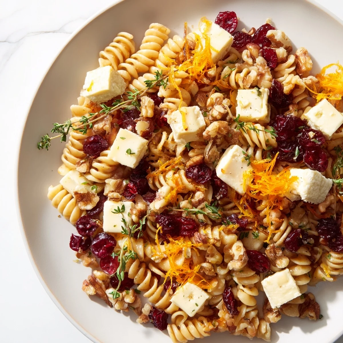 Golden-brown Baked Brie & Cranberry Pasta, tossed with toasted walnuts and fresh herbs, ready to serve.