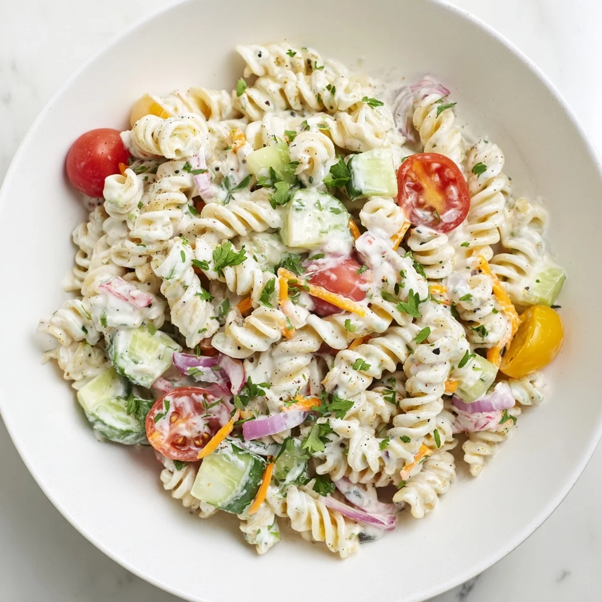 Close-up of creamy Vegan Hemp Seed Ranch Pasta Salad, a delicious and healthy dairy-free side dish choice.