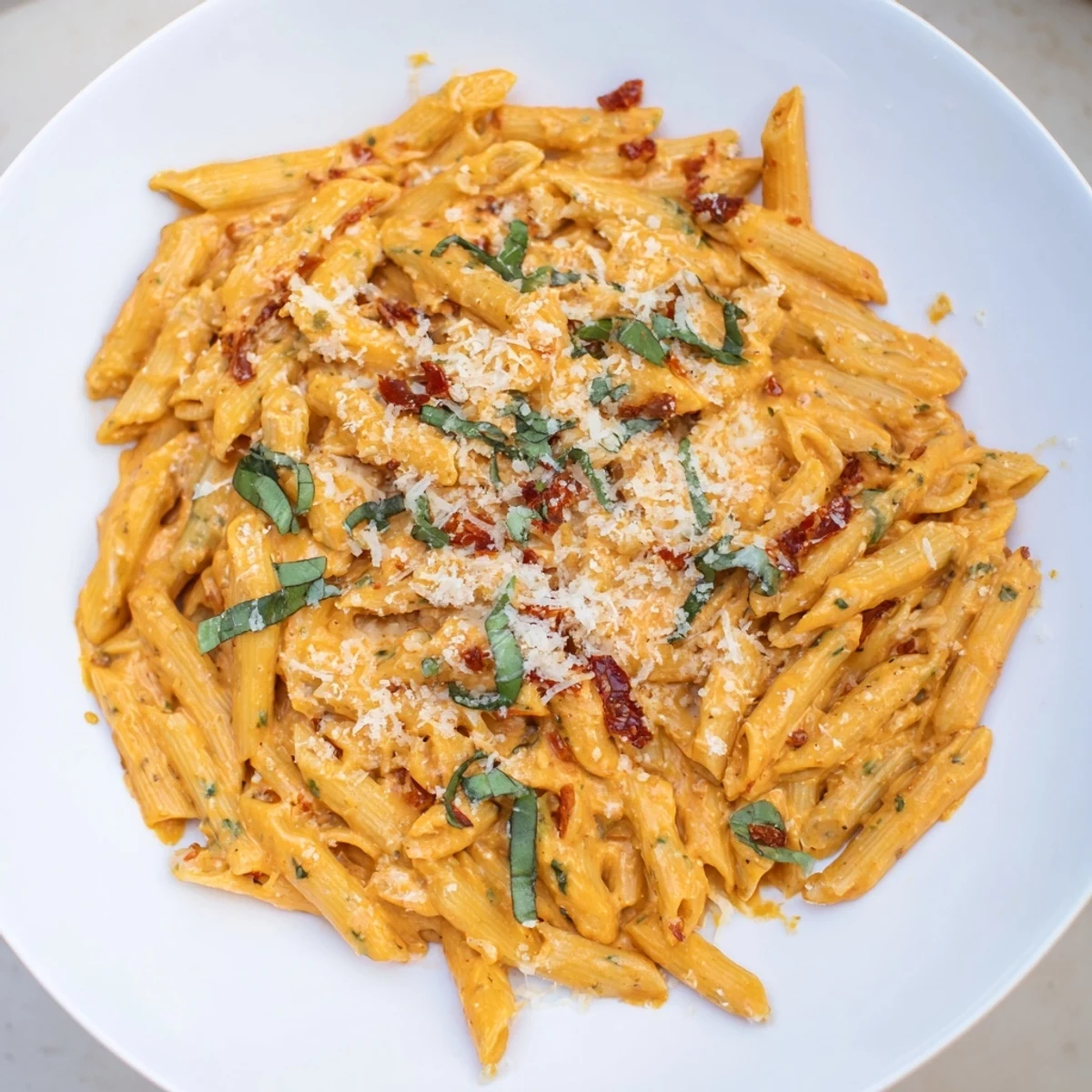 A vibrant bowl of Sun-Dried Tomato & Cottage Cheese Pasta Sauce, creamy and ready to enjoy.