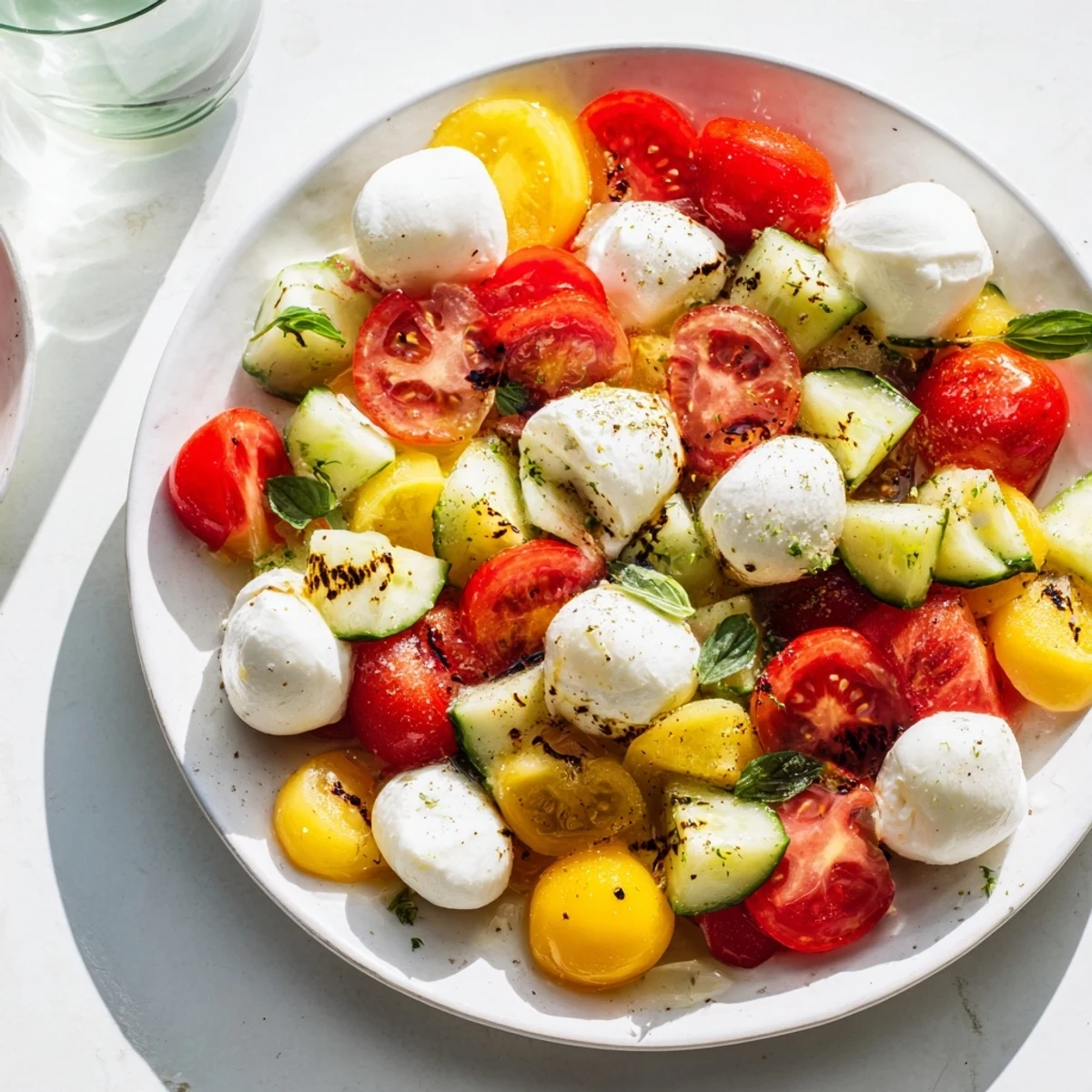 Bright red and yellow tomatoes burst in this Simple Holiday Chopped Caprese Salad, ready to enjoy.