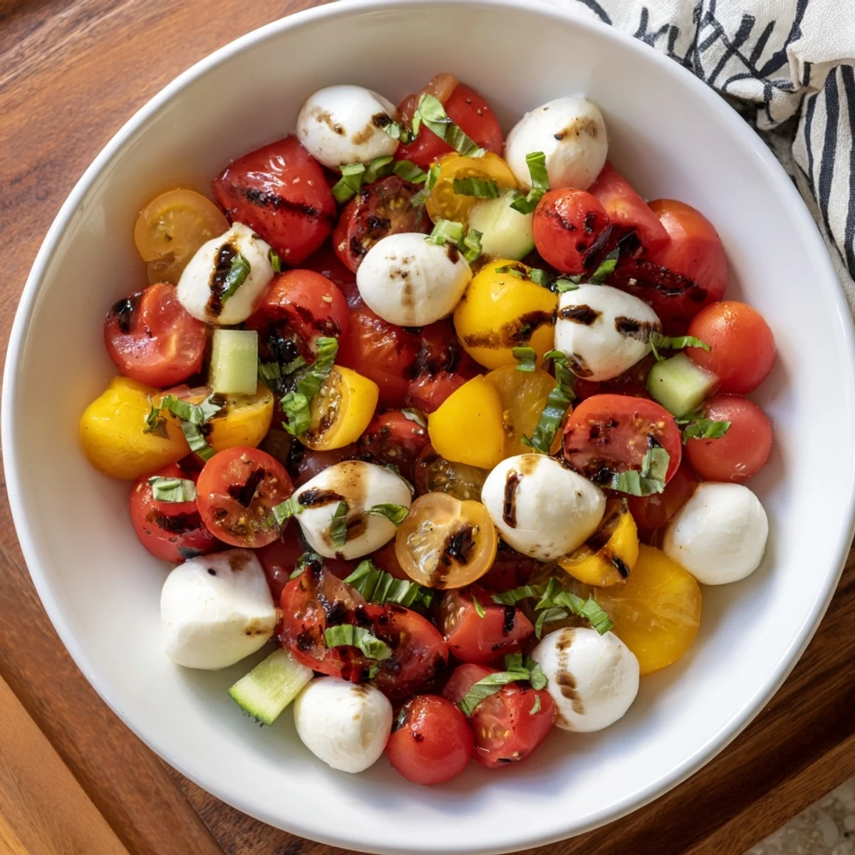 Fresh mozzarella gleams with basil in this chopped Simple Holiday Caprese Salad, appetizing for any gathering.