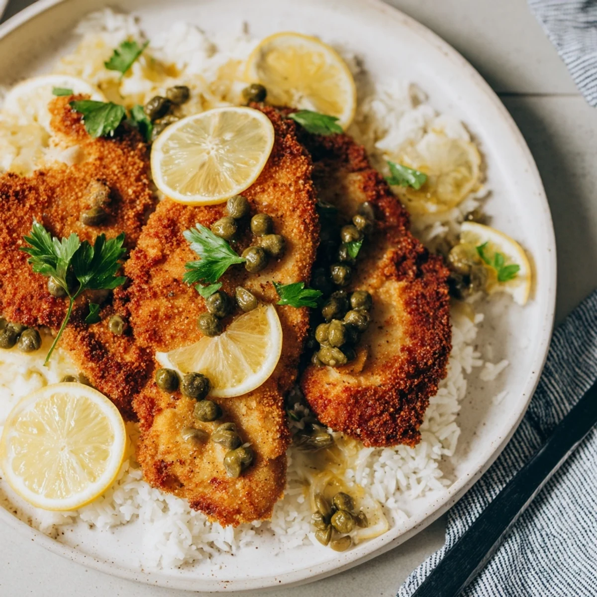 A flavorful Express Chicken Piccata Rice Bowl, served over fluffy rice, garnished with fresh parsley and lemon wedges.