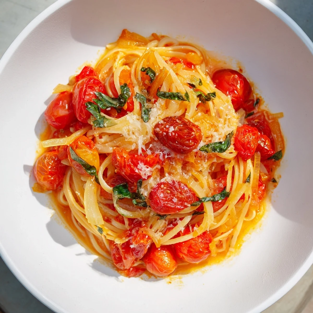 A close-up of delicious Cozy Fireplace Tomato Basil Pasta with glistening tomatoes and fresh basil.