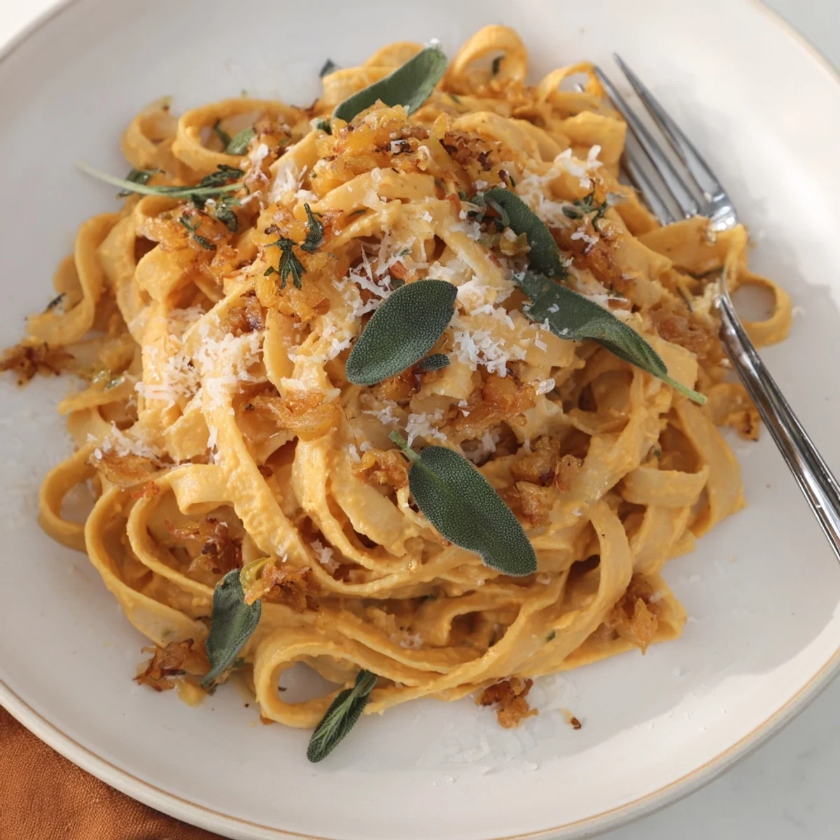 Healthy Creamy Pumpkin Sage Holiday Pasta, a vibrant orange dish, perfect for a festive vegetarian meal.