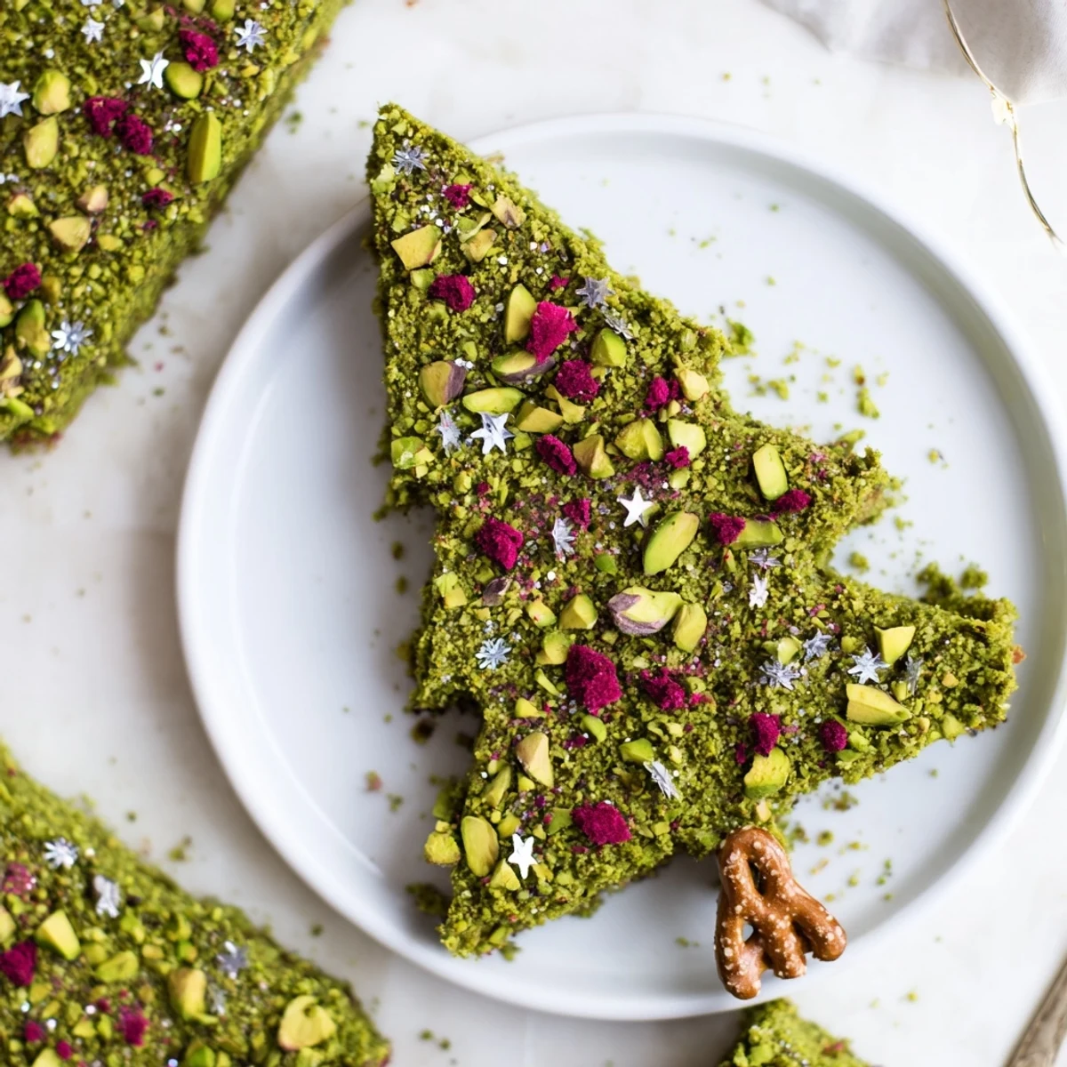 Matcha Pistachio Christmas Tree Blondie Bars, cut into festive tree shapes and drizzled with white chocolate, ready to eat.