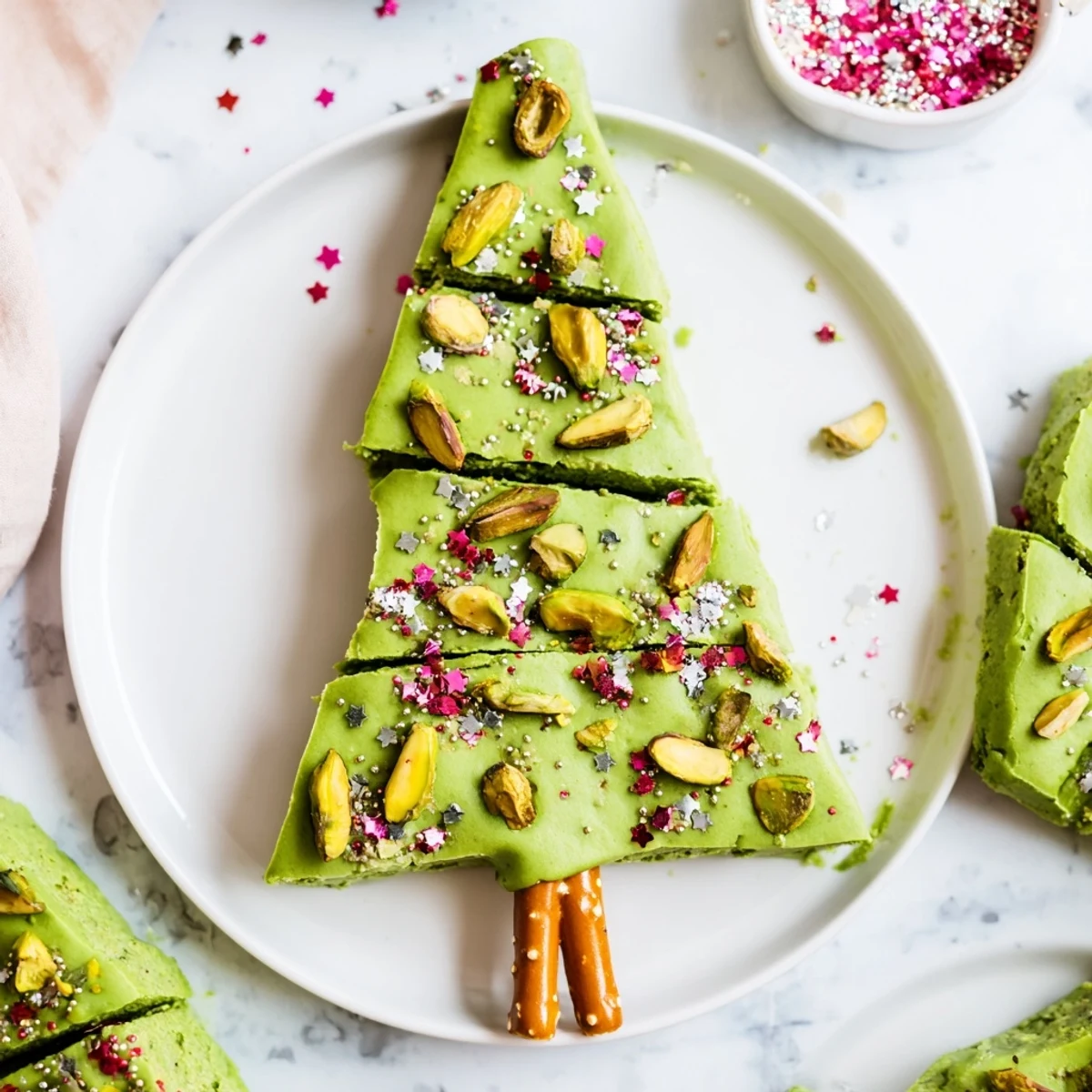 Beautifully decorated Matcha Pistachio Christmas Tree Blondie Bars, a festive dessert packed with flavor, perfect for the holidays.