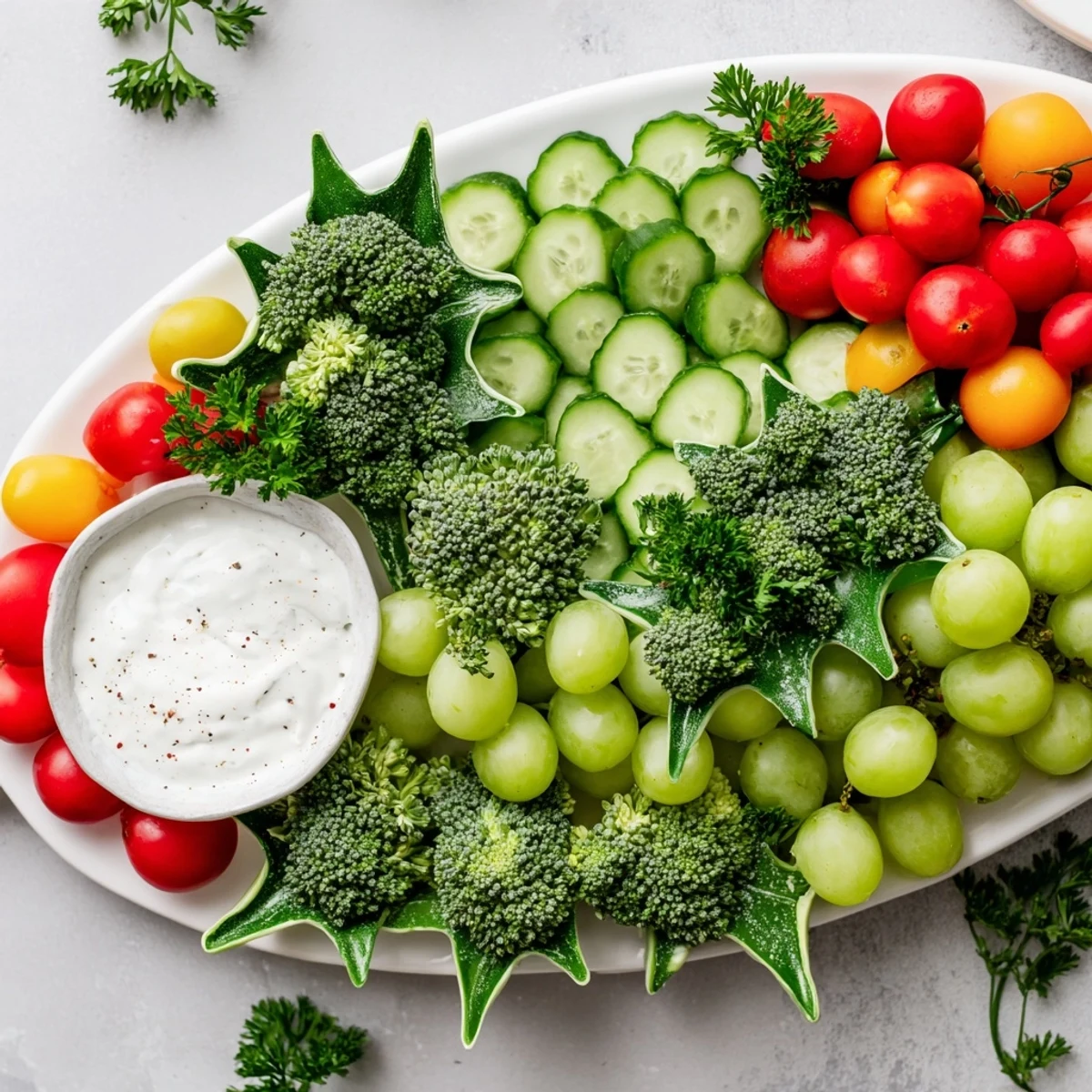 Festive Christmas appetizer: A Holly Leaf Veggie Board with fresh, healthy vegetables and creamy dip.