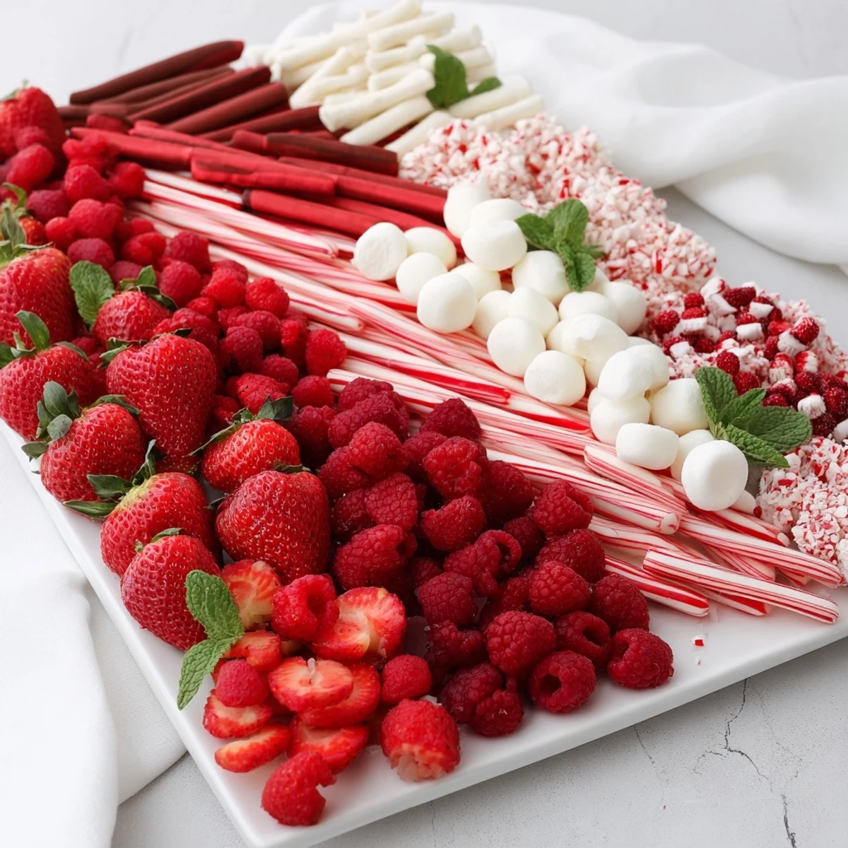 Candy Cane Striped Platter: a vibrant dessert assortment with red and white treats arranged like candy canes.