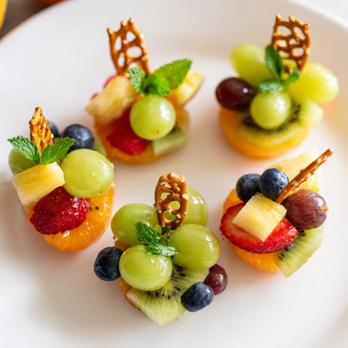 A gorgeous Ornament Fruit Medley, with glistening red grapes and kiwi arranged like holiday ornaments at a party.