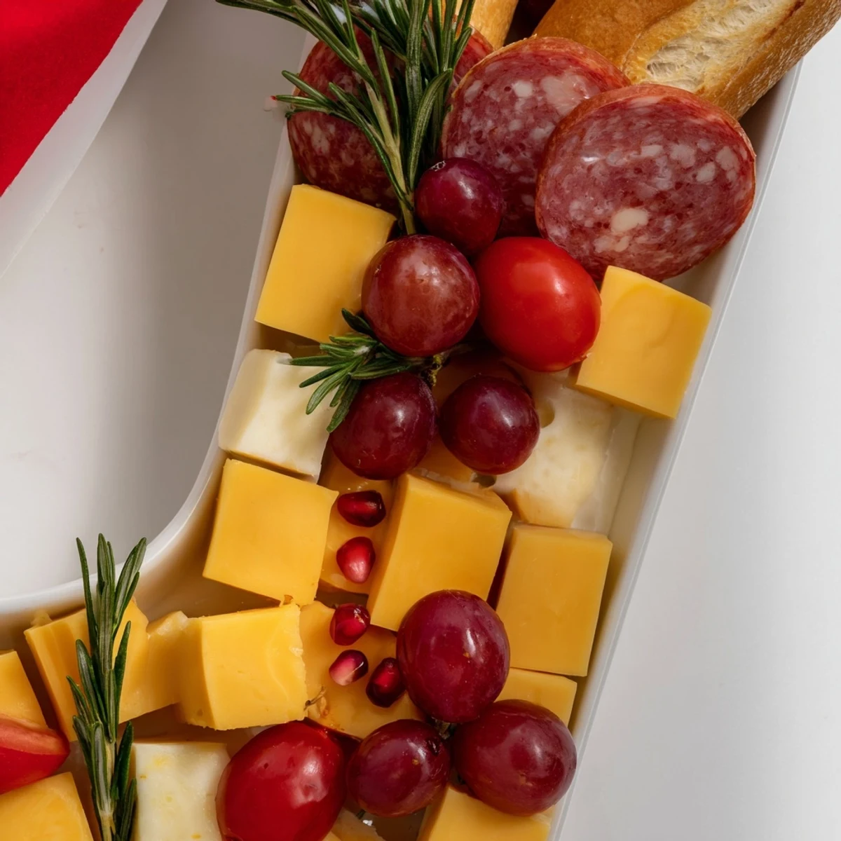 Christmas Stocking Snack Tray overflowing with colorful cheeses, meats, and fresh fruits for your holiday party.