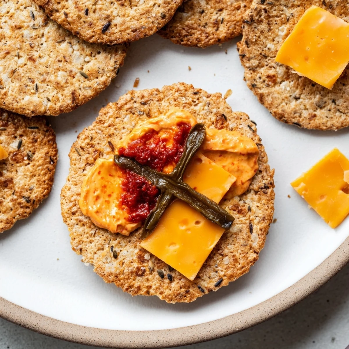 Imagine the flavor: red pepper dip on Santa's Belt Crackers, a fun holiday appetizer for your guests to enjoy.