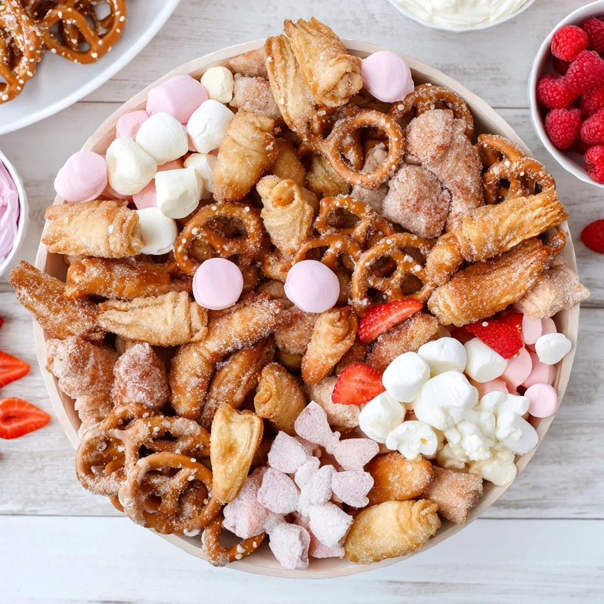 Vibrant candy and fruit adorn an elegant Angel Wings recipe board, ideal for a celebratory dessert.