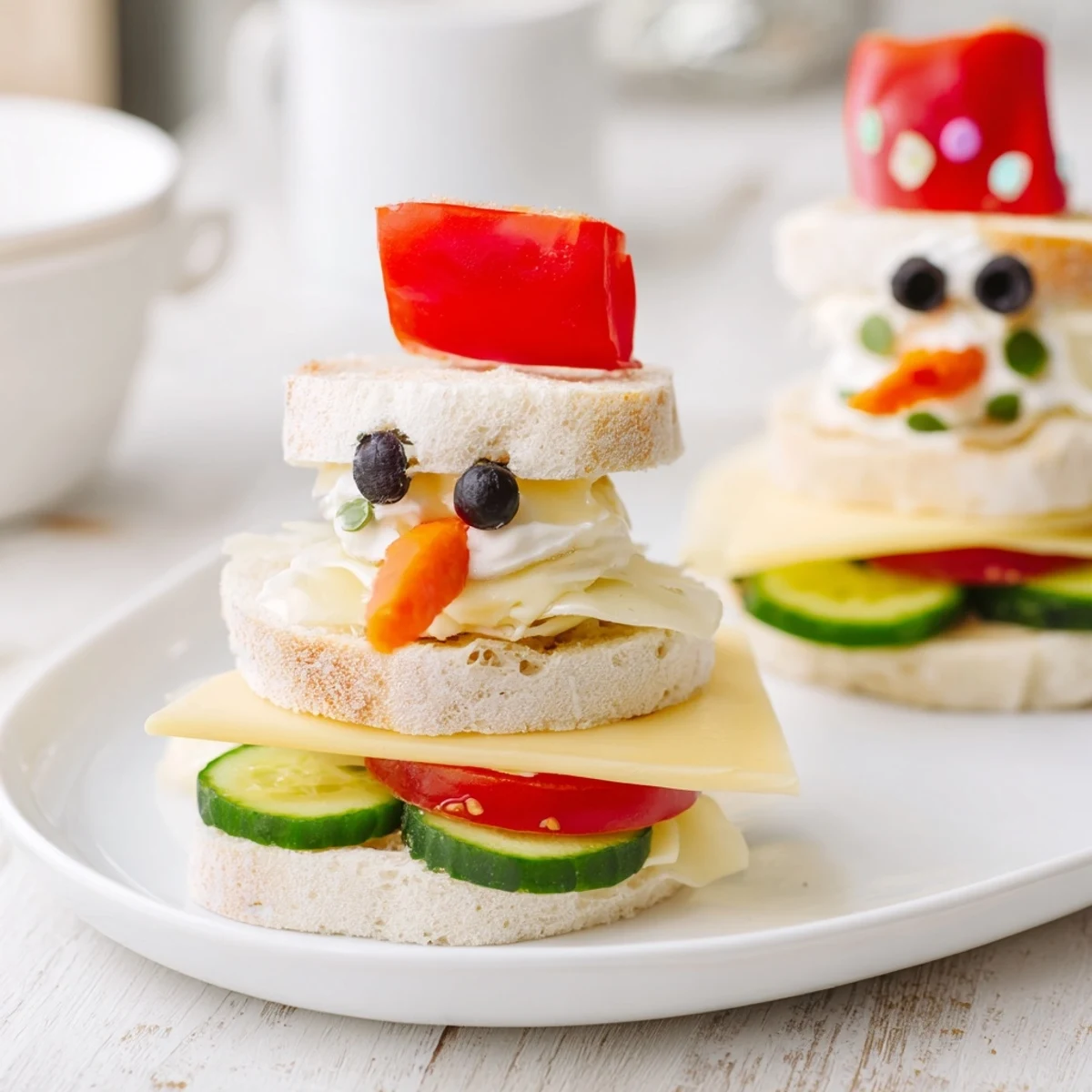 Snowman Sandwich Stack, a festive arrangement of white bread circles and colorful veggie faces.