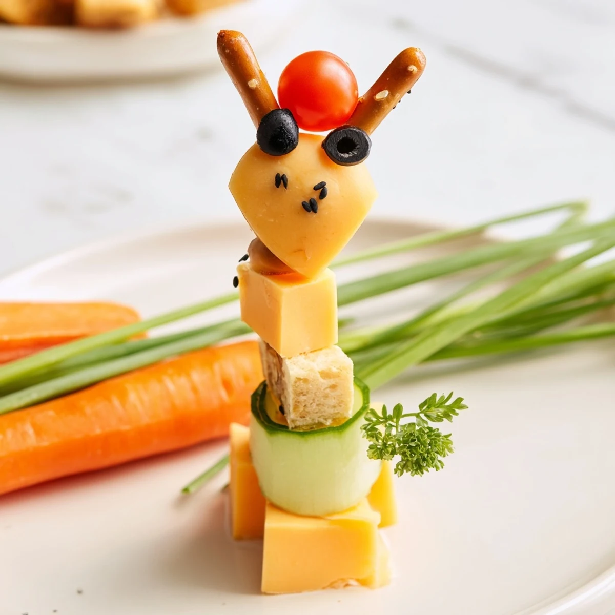 Playful Long-Necked Giraffe Snack Towers: Colorful layers of cheese, veggies, and fruit; a fun, kid-friendly treat.
