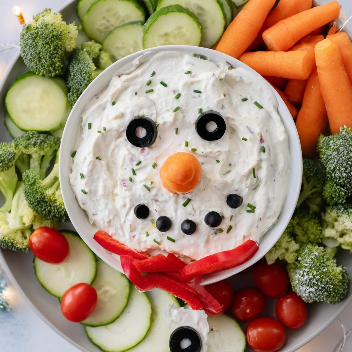 This fun Snowman Veggie Dip Platter includes creamy dip, carrot nose, and colorful veggie sides.
