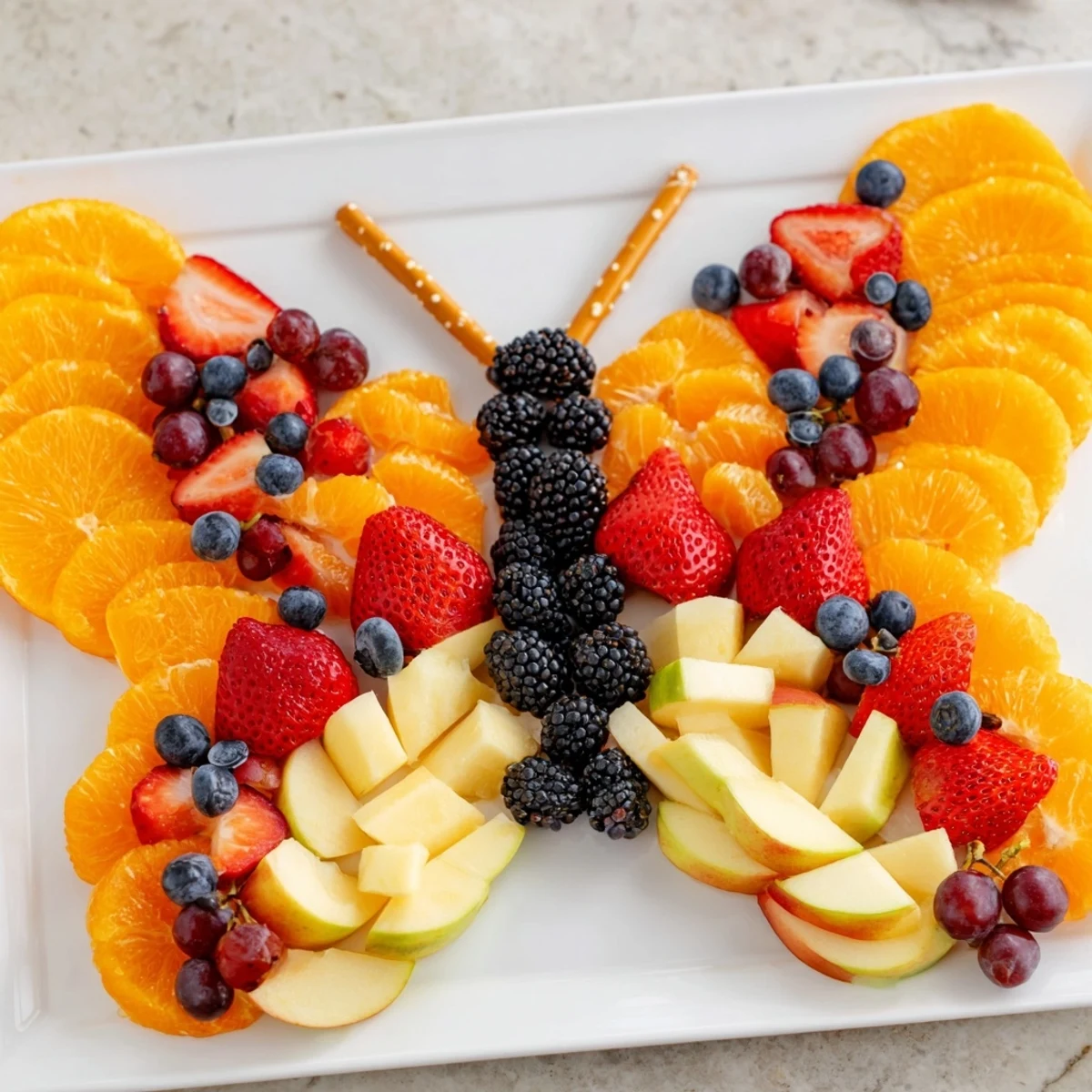Freshly assembled Monarch Magic Fruit Butterfly Tray featuring oranges, grapes, and berries; a delightful appetizer.