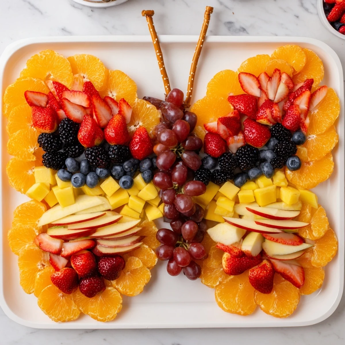 A colorful Monarch Magic Fruit Butterfly Tray, bursting with fresh berries and citrus, ready to enjoy.