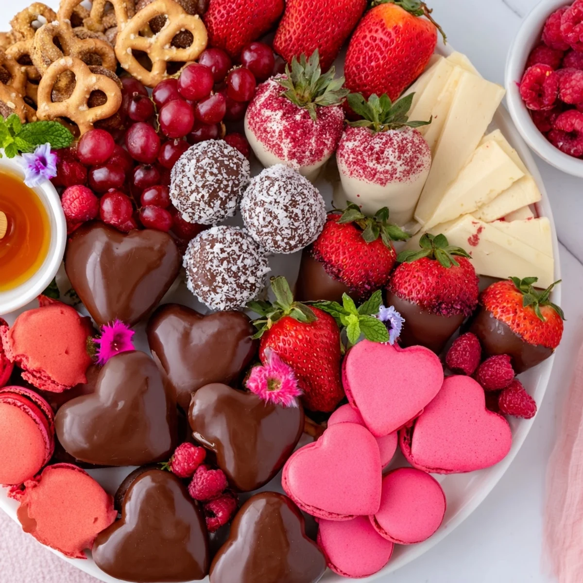 This Sweetheart Valentine's Day Board presents a gorgeous assortment of colorful fruits and decadent delights, perfect for loved ones.