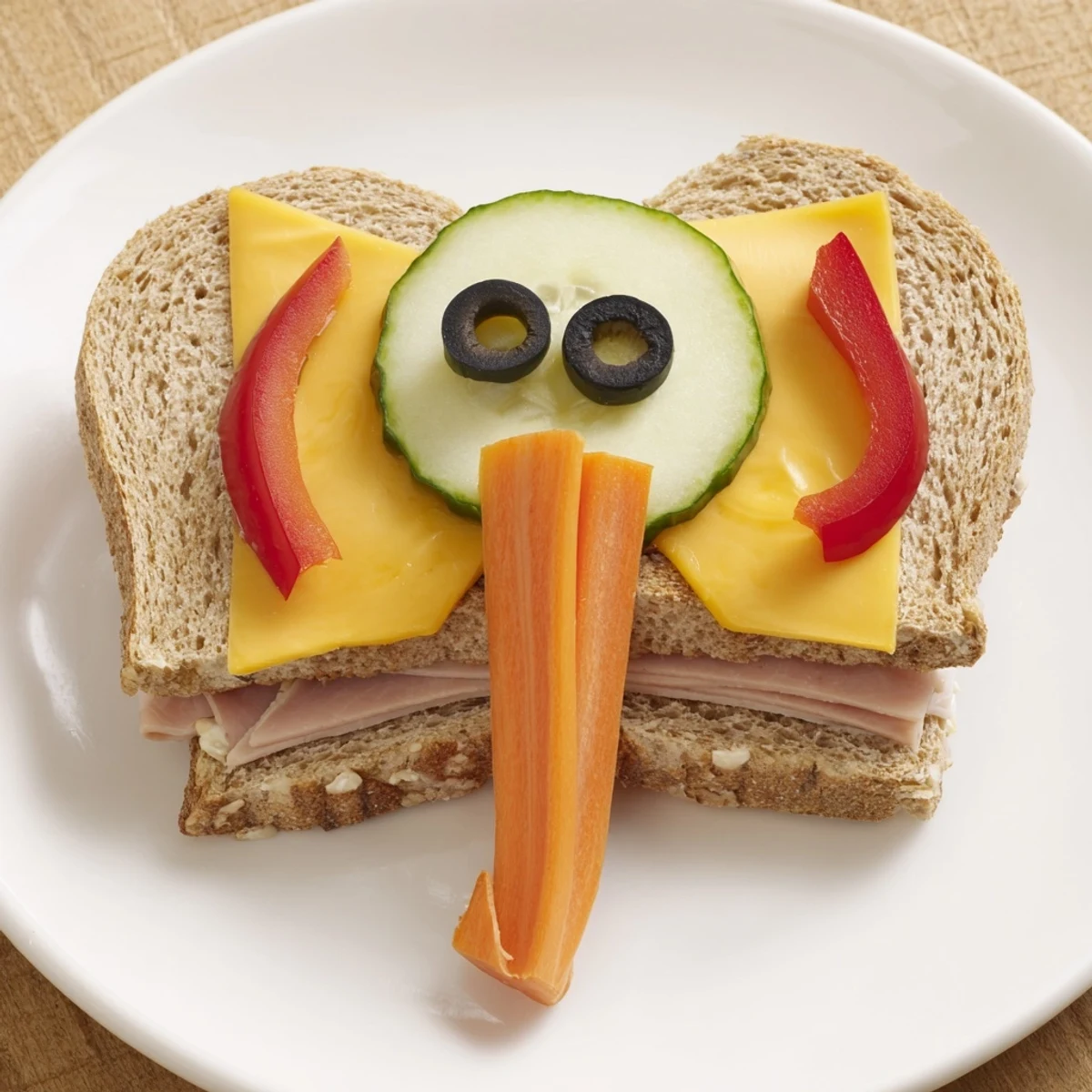 A vibrant Big Top Elephant Sandwich Board, featuring elephant sandwiches, veggie eyes, and carrot trunks.