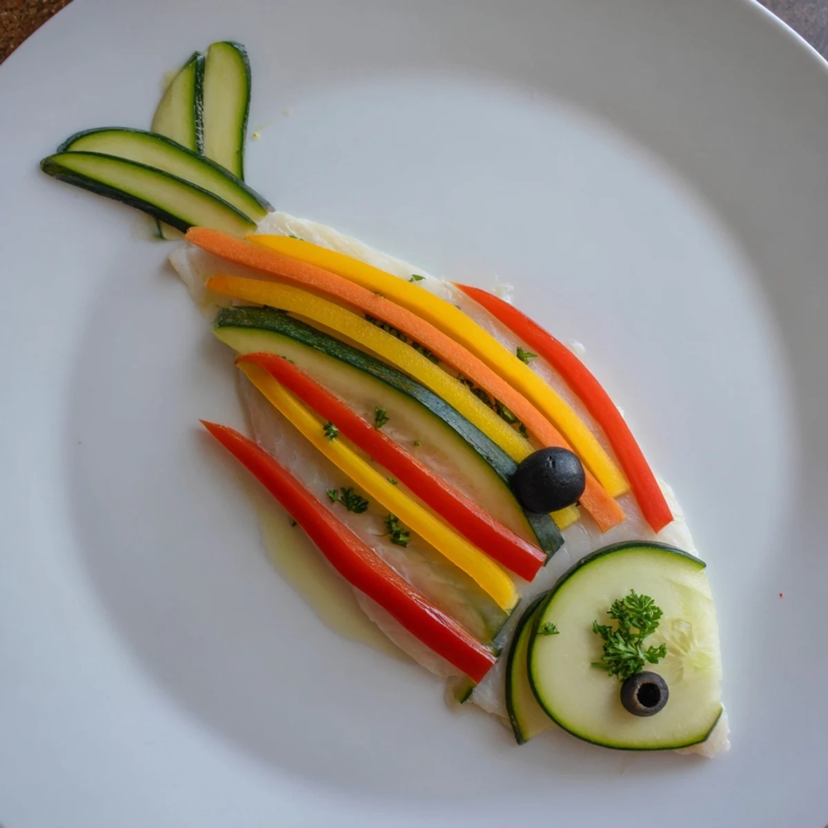 Light Fish-Shaped Meal, filled with colorful vegetables, ready to be enjoyed with fresh parsley.