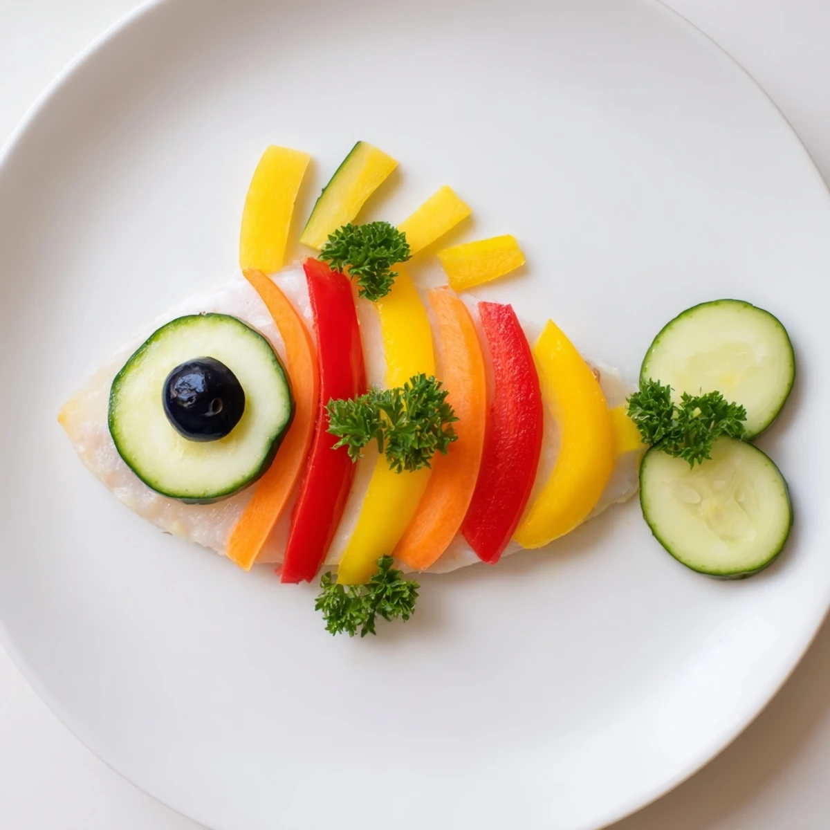 A baked Light Fish-Shaped Meal, a fishy delight with vibrant bell peppers and zucchini scales.