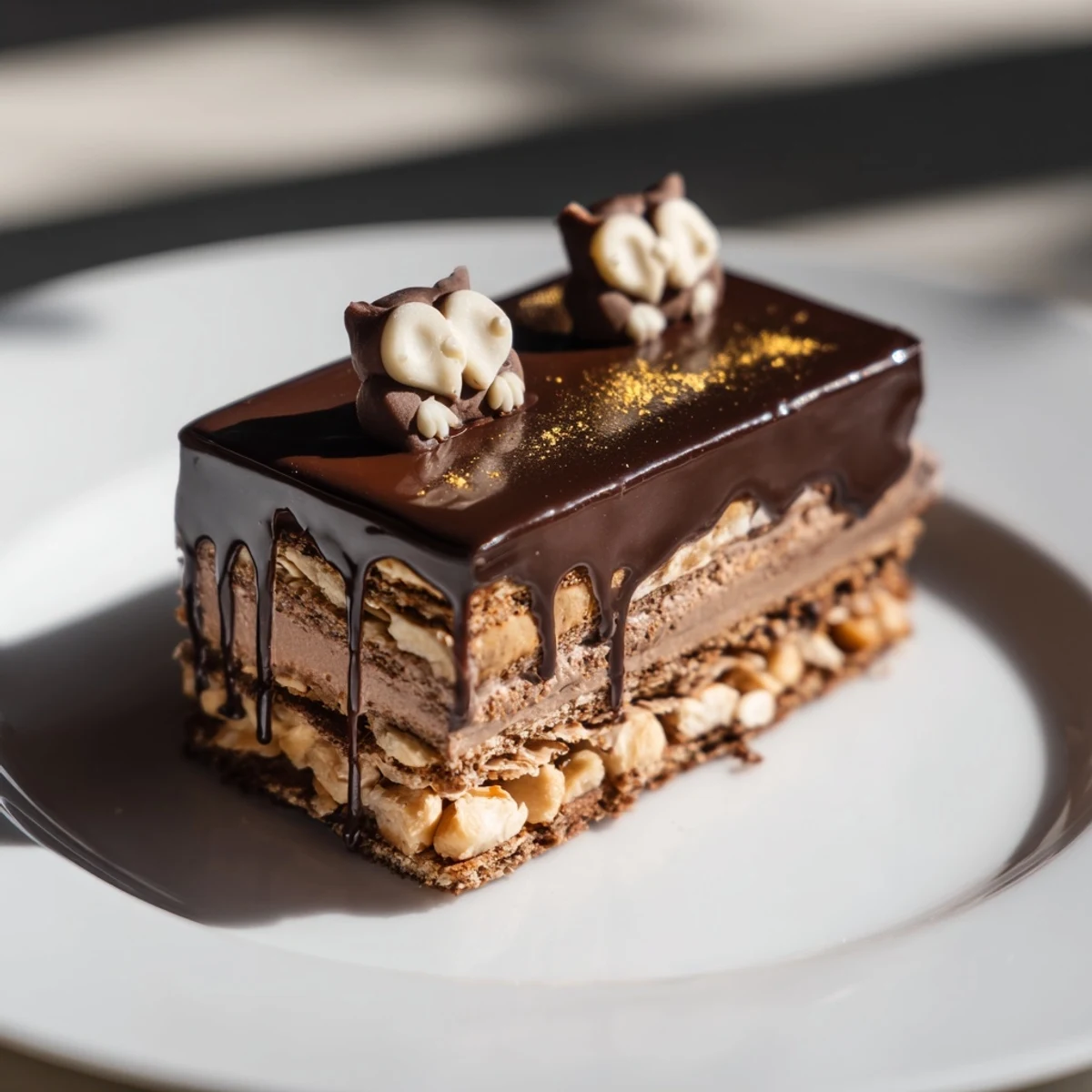 Elegant Plaisirs Sucrés Hibou de la Nuit entremets, ready to slice, with rich chocolate mousse.