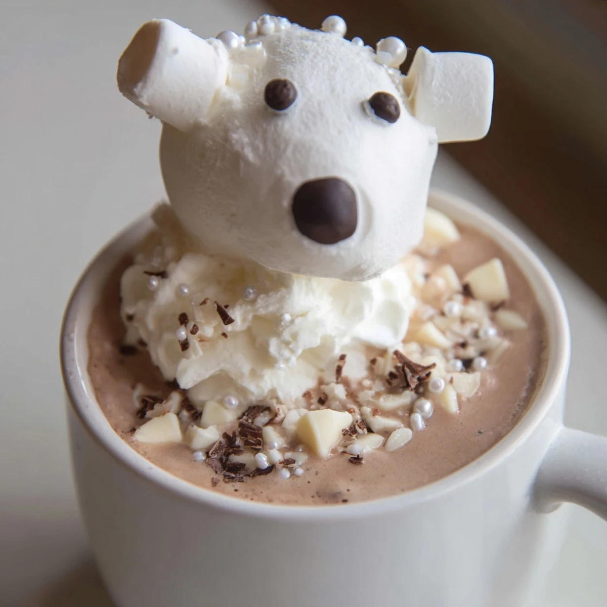 Creamy Polar Bear Hot Chocolate topped with whipped cream, marshmallow bears, and shredded coconut, a cozy delight.