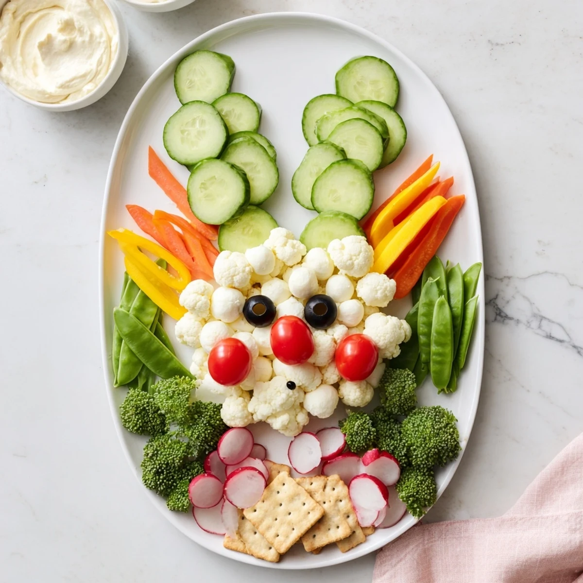 An Easter Bunny Spring Platter brimming with colorful veggies, hummus, and a joyful springtime arrangement.