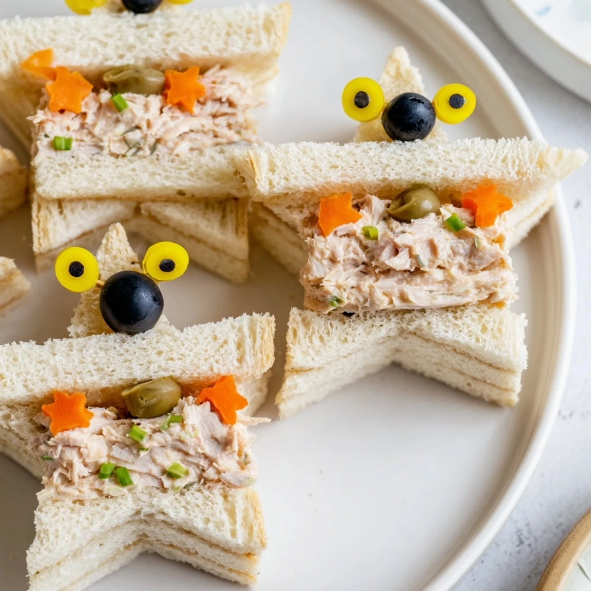 Mini Starfish Sandwiches, festive tuna sandwiches arranged on a platter, ready for a delightful, kid-friendly appetizer.