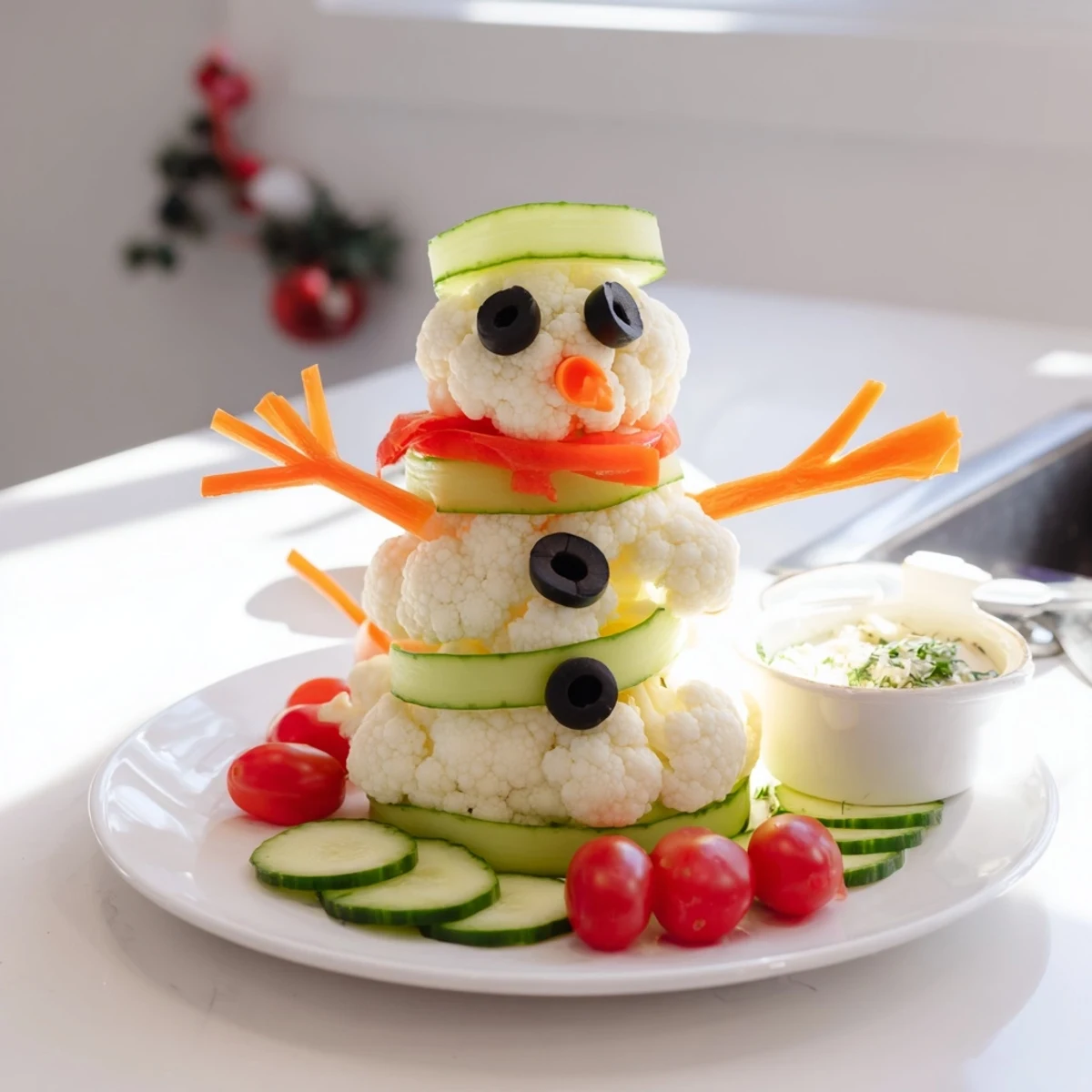 Whimsical snowman crudités with dip: a colorful, healthy appetizer with fresh, crunchy vegetables.