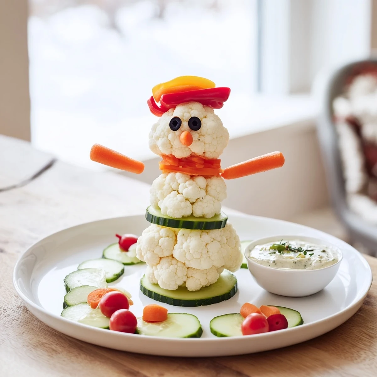 Colorful snowman crudités, an easy appetizer: crunchy veggies arranged with creamy herb dip for dipping.