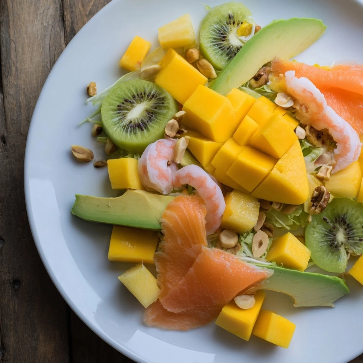 Fresh Tropical Wave Tasting Platter, showcasing shrimp, mango, and pineapple, next to creamy coconut yogurt.