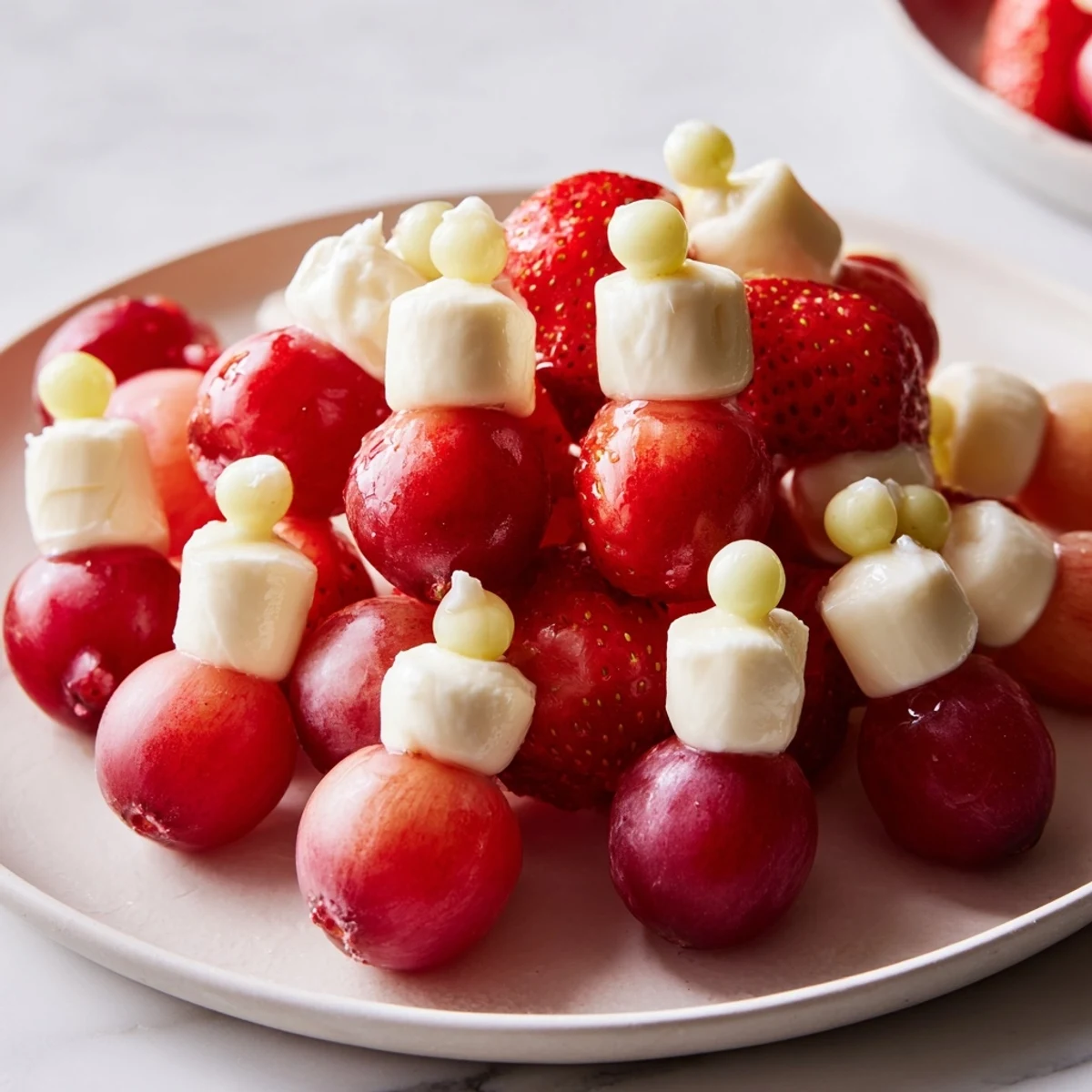 Vibrant photo of a Santa Hat Fruit and Cheese Platter, showcasing festive appetizer with mozzarella and fresh fruit.