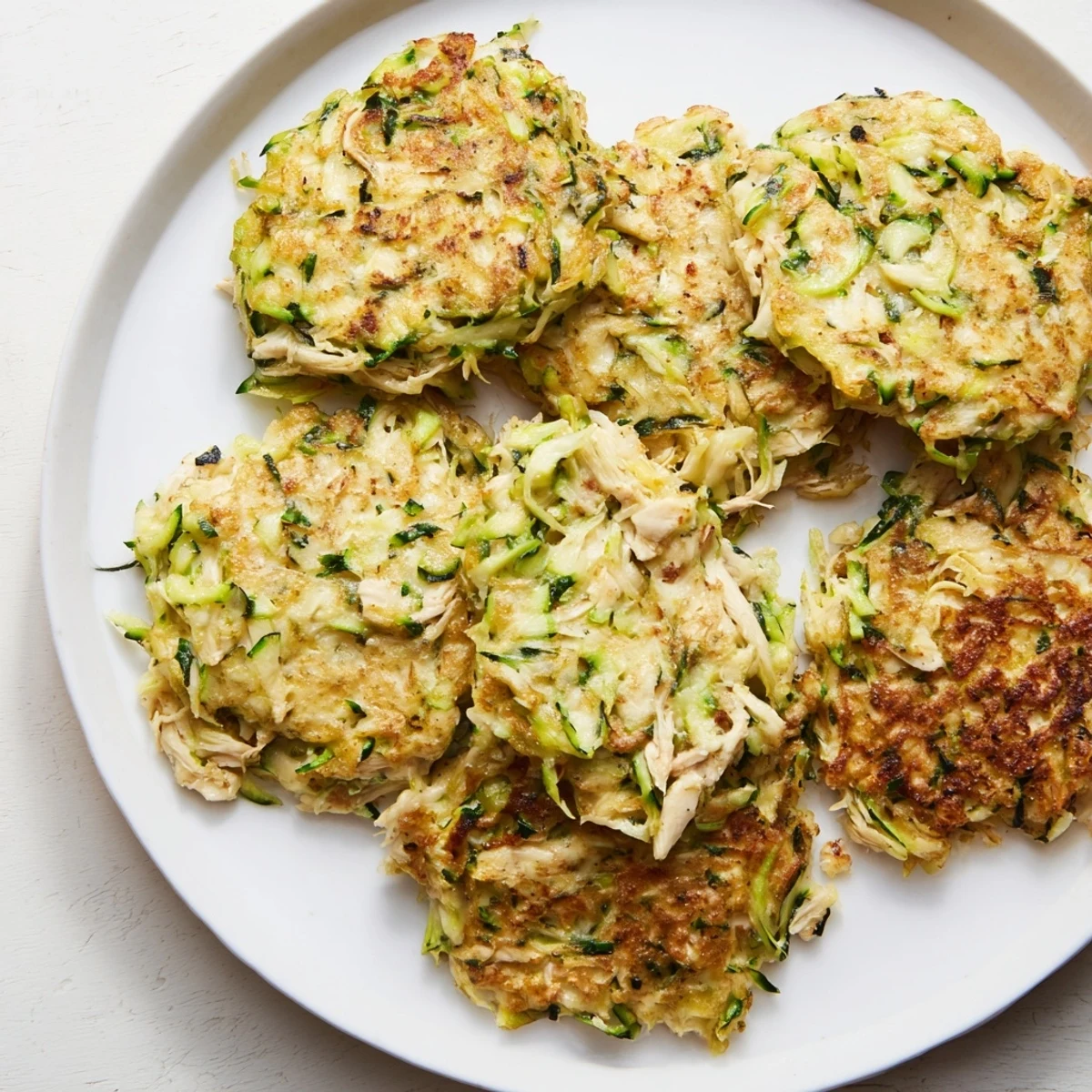 Golden-brown, pan-fried high-protein chicken zucchini fritters, smelling of garlic and herbs, ready to be enjoyed.