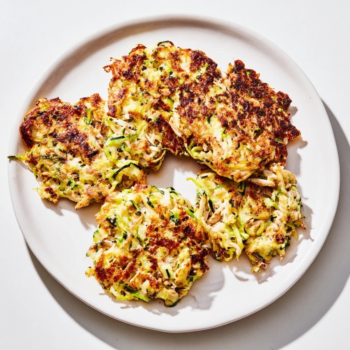 Crispy edges and a tender inside highlight these delicious high-protein chicken zucchini fritters, perfect for a quick lunch.