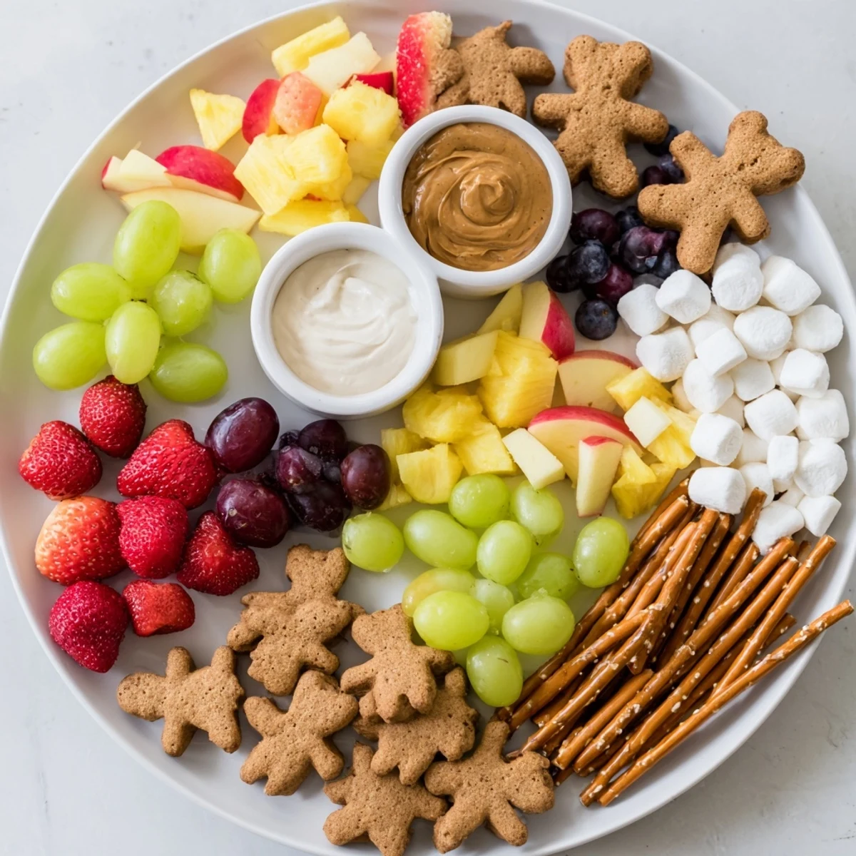 Vibrant Animal Cracker Safari Board: a colorful platter showing animal crackers with fresh fruit and creamy dips.