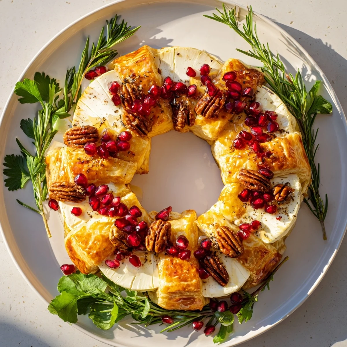 Golden-baked Pomegranate and Brie Wreath, featuring creamy Brie and ruby pomegranate seeds, ready to serve.