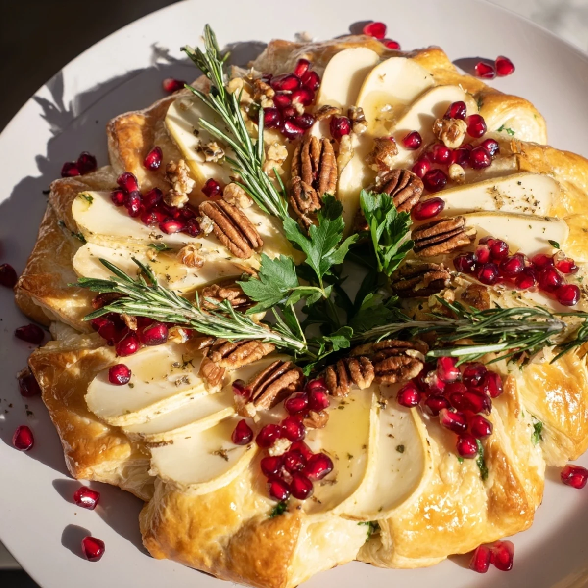 Festive holiday appetizer: a warm Pomegranate and Brie Wreath with fresh herbs and golden pastry.