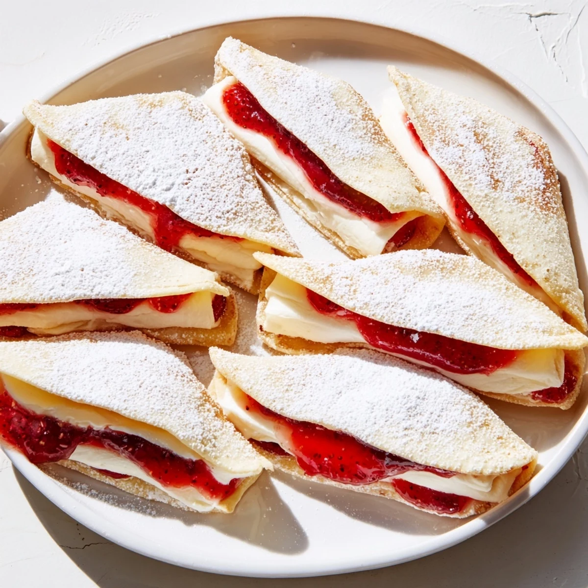 Snow Angel Tortilla Wraps, ready to eat, with dusted powdered sugar and a vibrant jam filling.