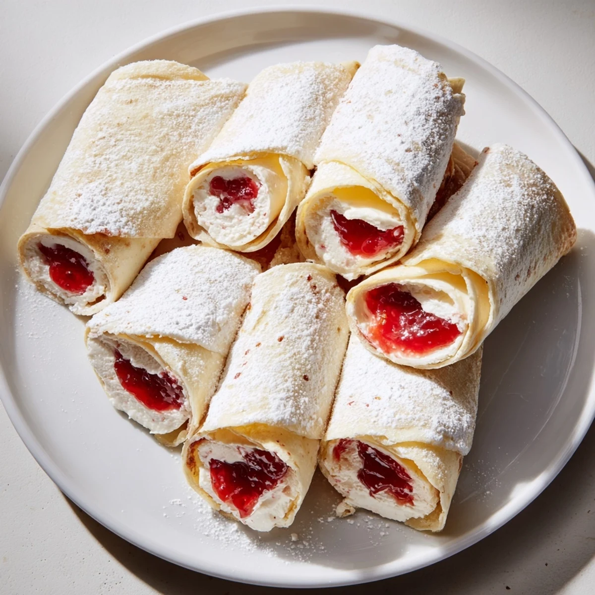 Delicious Snow Angel Tortilla Wraps cut in half, revealing creamy cheese and sweet jam filling.