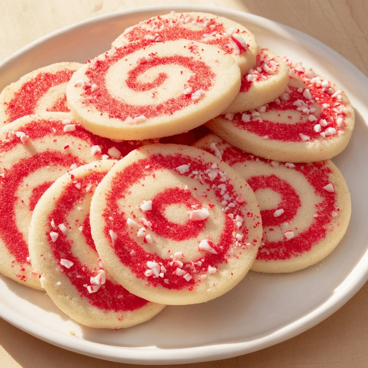 Delicious Candy Cane Swirl Cookies, showing off vibrant red swirls with crushed peppermint garnish.