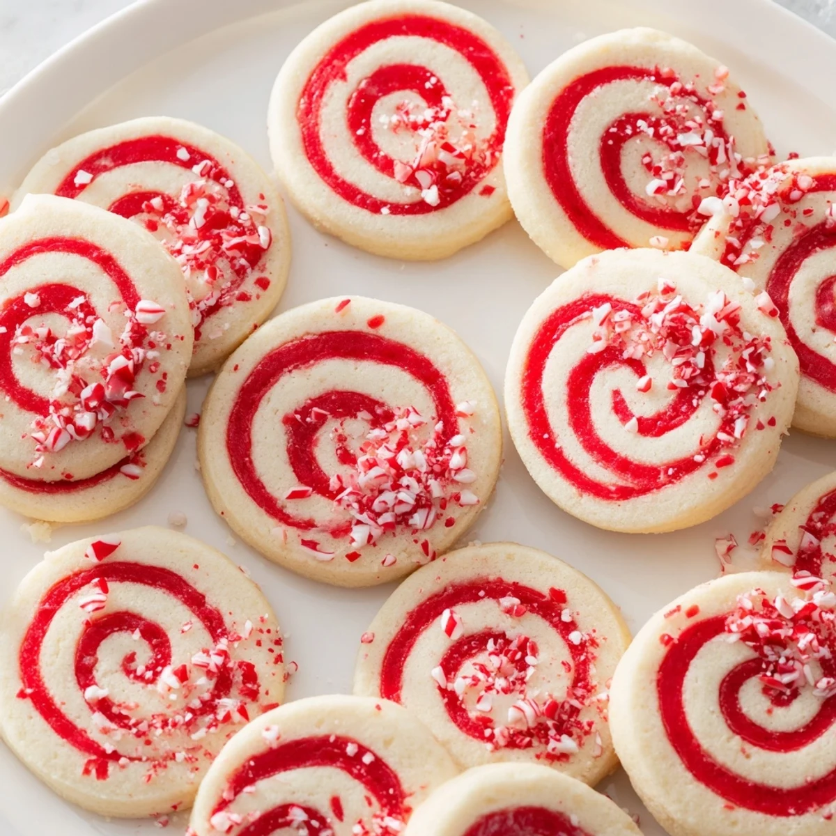 Homemade Candy Cane Swirl Cookies; a close-up image of the baked cookies, ready to be enjoyed.