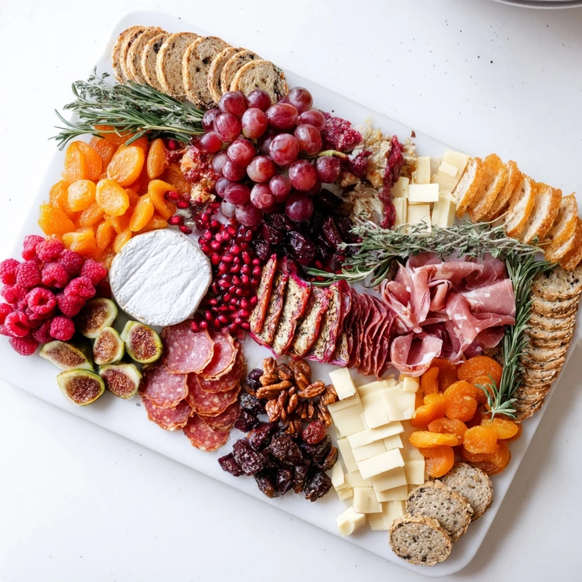 Enjoy a gorgeous holiday spread of a Festive Stocking Charcuterie Board packed with olives, crackers, and fruits for a party.