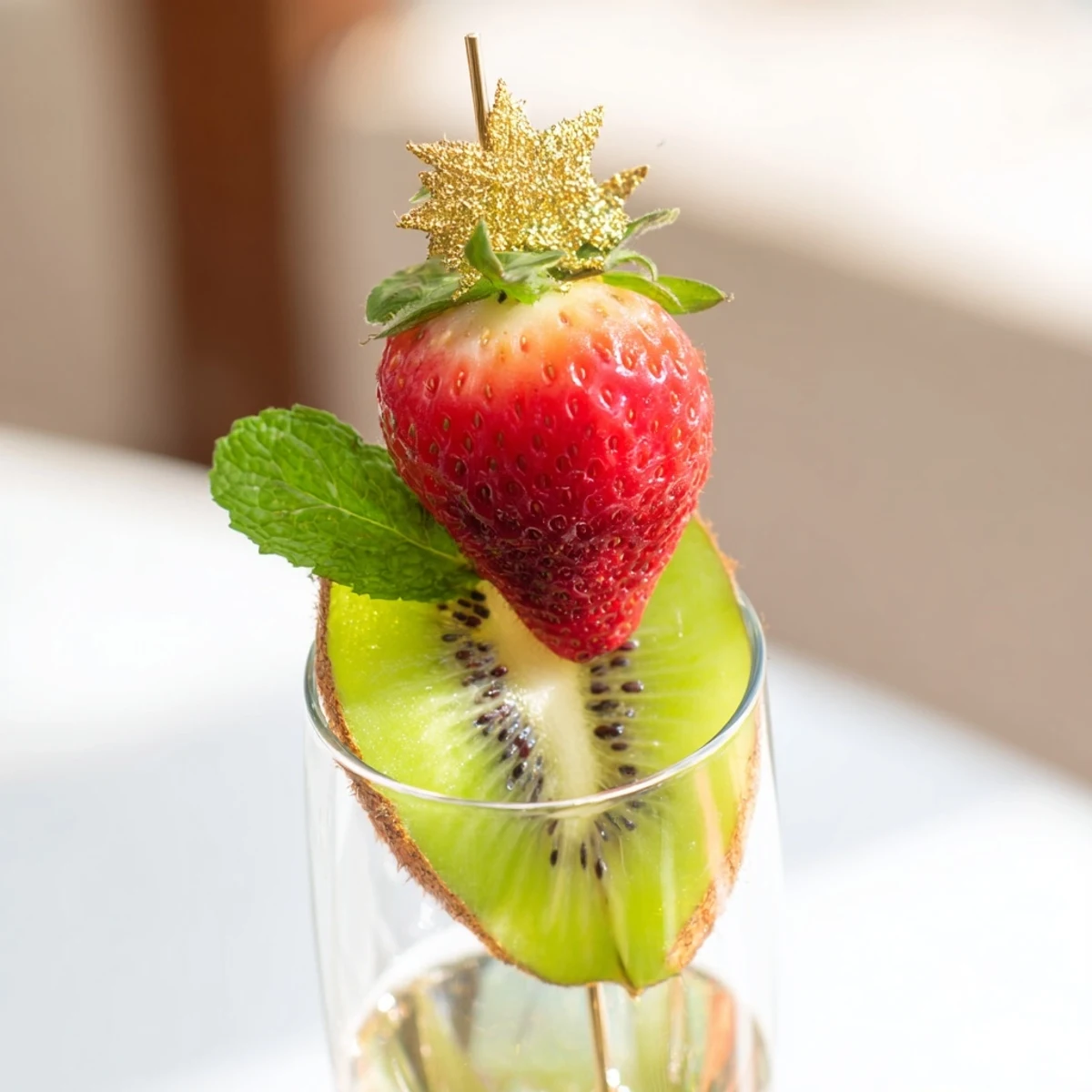 Close up of elegant New Years champagne flutes adorned with colorful, fresh fruit garnishes.