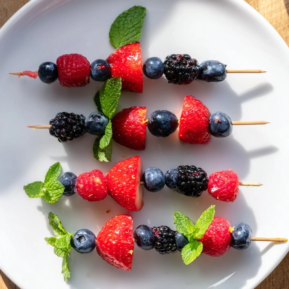 Vibrant fruit skewers showcase juicy berries and refreshing mint, a perfect healthy snack.